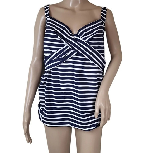 LANDS’ END Deep Sea Nautical Striped Wrap Underwire Tankini Plus - Picture 1 of 8